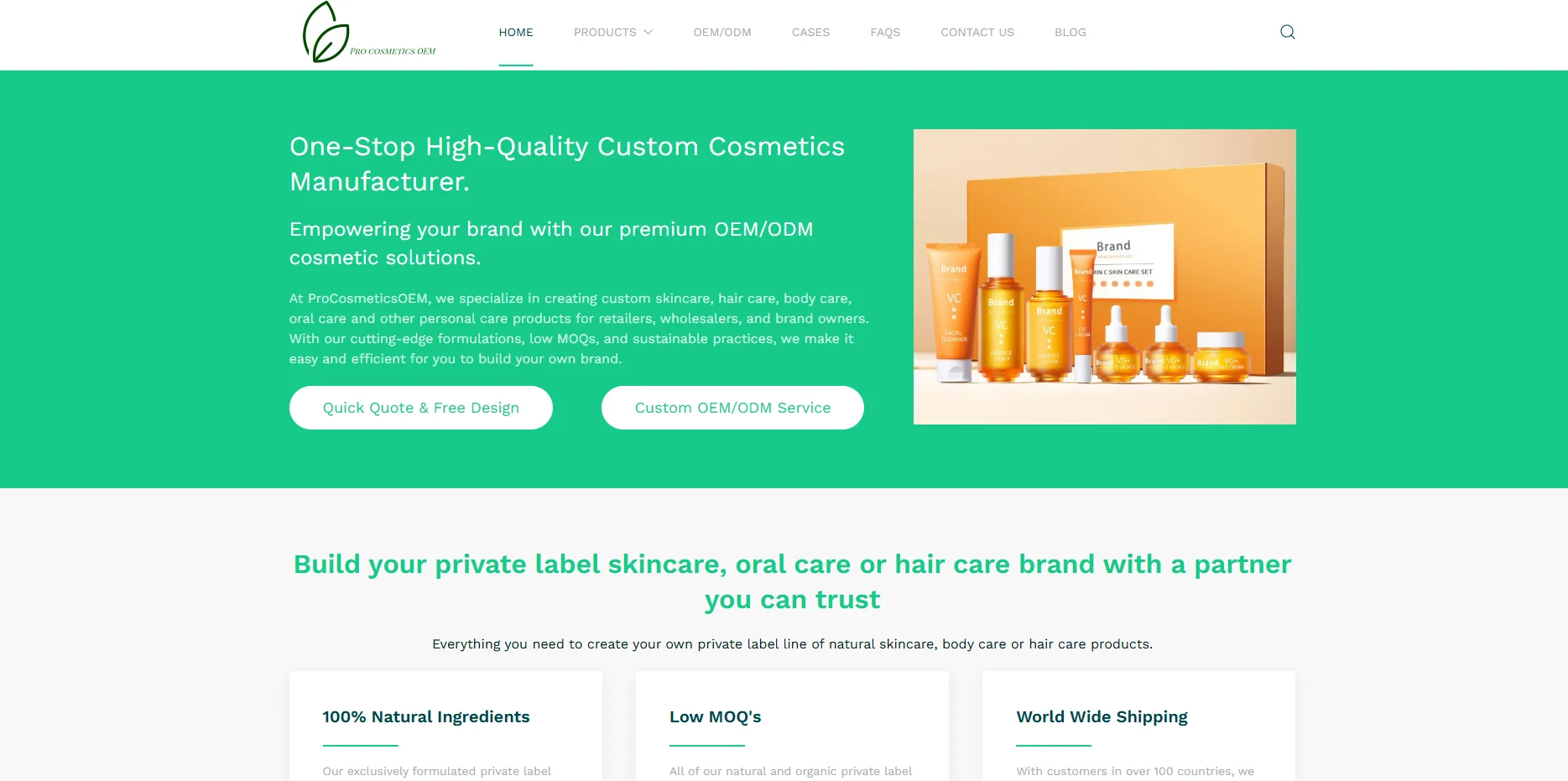 Homepage of a custom cosmetics manufacturer highlighting OEM/ODM services and a range of skincare products displayed in orange packaging.